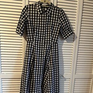 Calvin Klein Fitted Short-Sleeve Black/White Gingham Check Full-Skirted Midi 4